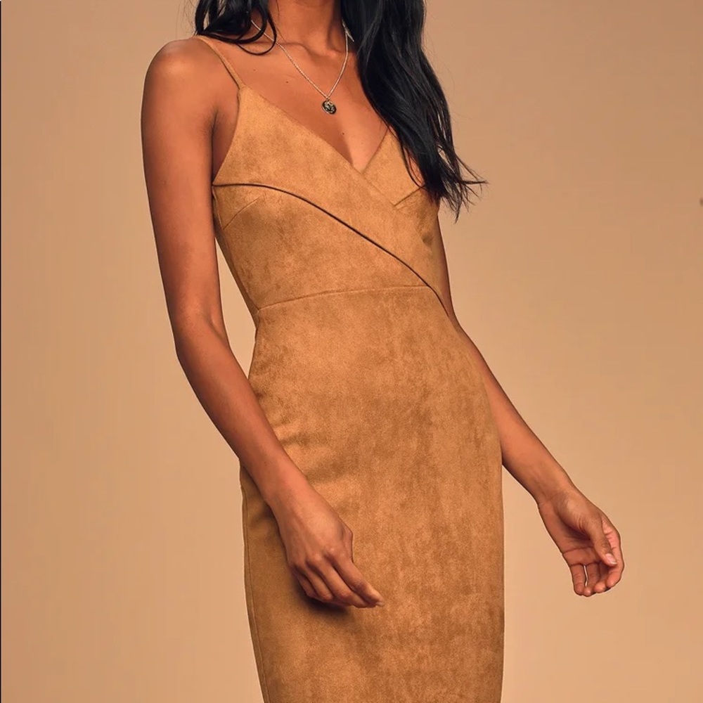 Lulu’s Tan Suede Bodycon Midi Dress XS